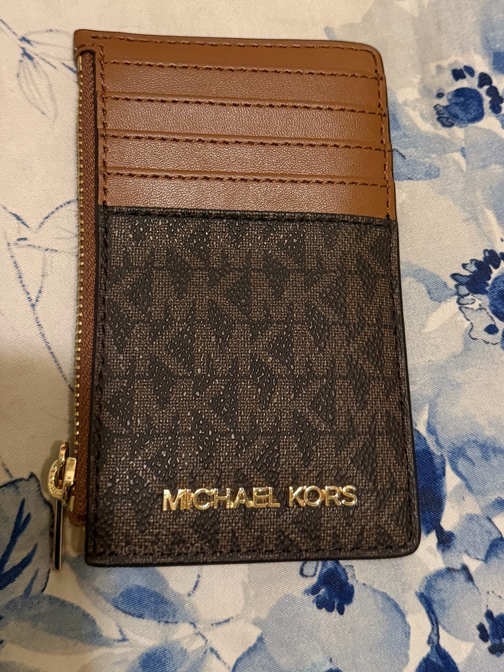 Michael Kors Brown and Tan Logo Zip Card Case